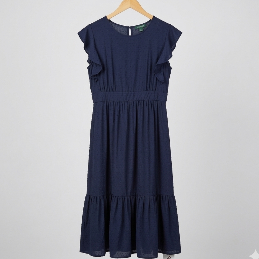 For Cynthia Navy Textured Flutter Sleeve Midi Dress - Size Medium